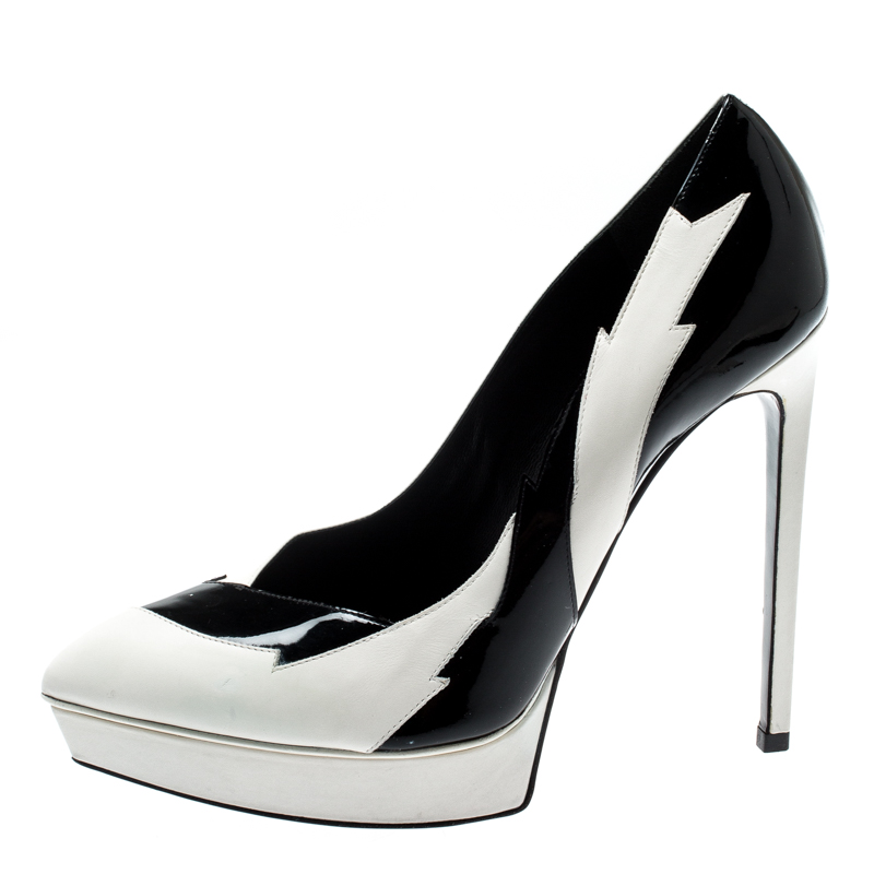 

Saint Laurent Paris Monochrome Leather Janis Lightning Splash Pointed Toe Platform Pumps Size, White