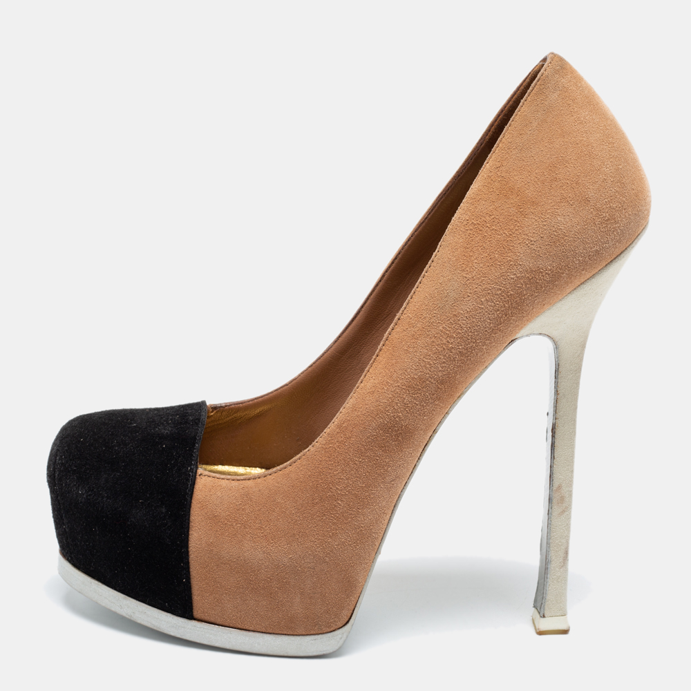 Fashionable and well made these Tribtoo pumps from Saint Laurent Paris will add beauty and style to your closet. Crafted from suede the pumps feature contrast cap toes leather insoles concealed platforms and 14.5 cm heels.