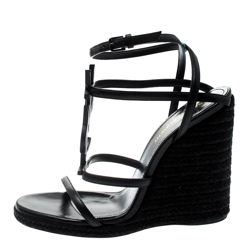 

Saint Laurent Paris Black Leather Cassandra Espadrille Wedge Open Toe Sandals Size