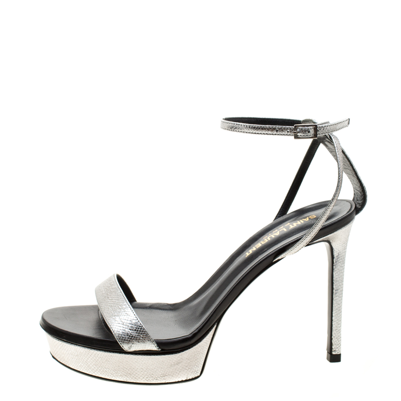 

Saint Laurent Paris Metallic Silver Leather Platform Ankle Strap Sandals Size