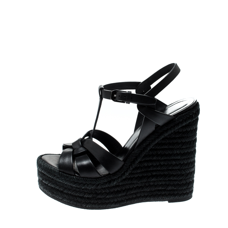 

Saint Laurent Paris Black Leather Tribute Espadrille Wedge Sandals Size