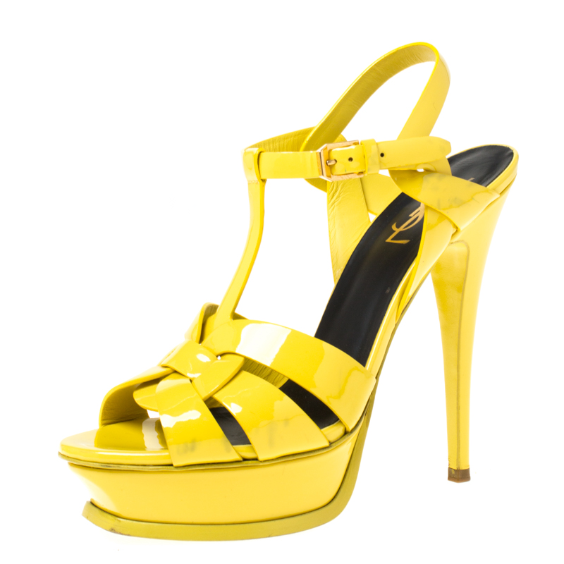 Saint Laurent Paris Yellow Patent Leather Tribute Platform Sandals Size ...