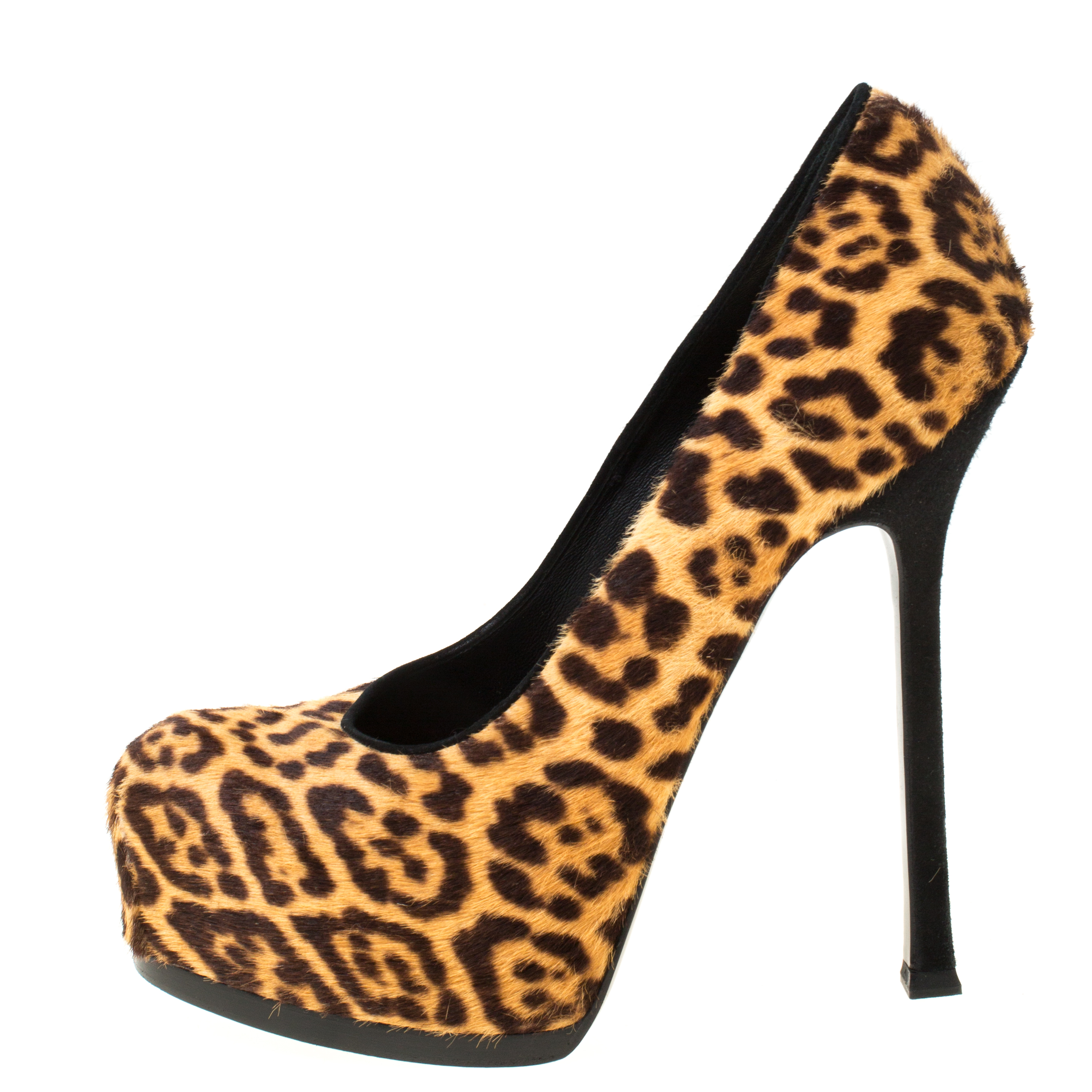 

Saint Laurent Paris Brown Leopard Print Calf Hair Tribtoo Platform Pumps Size