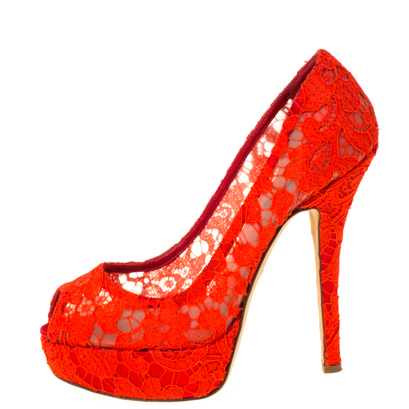 

Dolce and Gabbana Red Lace Peep Toe Platform Pumps Size