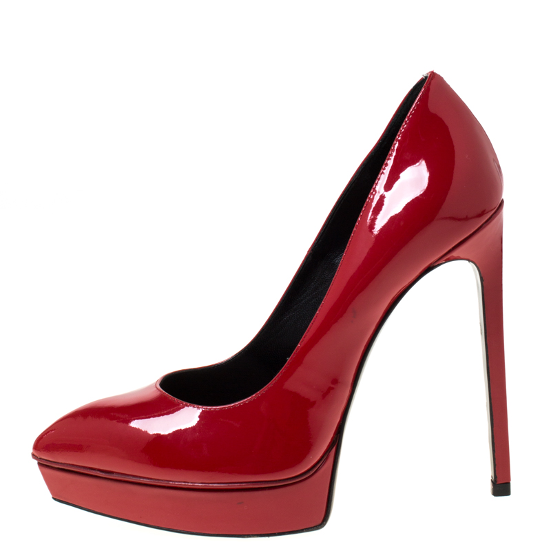 

Saint Laurent Paris Red Patent Leather Janis Pointed Toe Platform Pumps Size