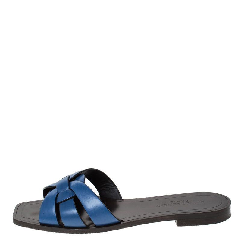 

Saint Laurent Paris Blue Leather Tribute Flat Slides Size