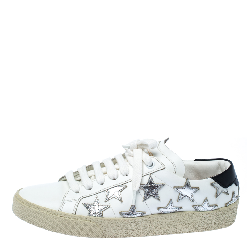 

Saint Laurent Paris White/Silver Star Embellished Leather Alpha Low Top Sneakers Size