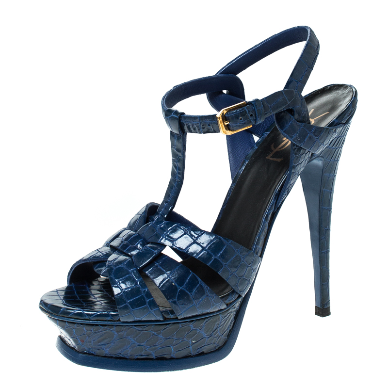 مملوكة مسبقًا Saint Laurent Paris Blue Crocodile Embossed Leather Tribute Platform Sandals Size 38.5