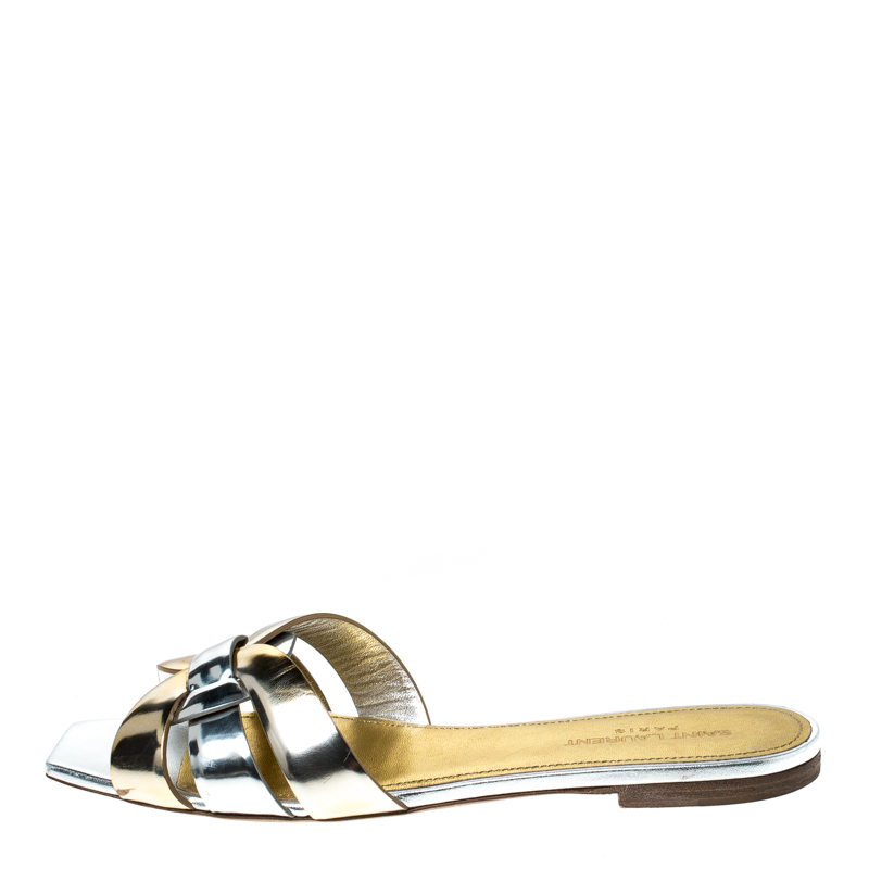 

Saint Laurent Paris Metallic Gold/Silver Leather Tribute Slip On Slide Size