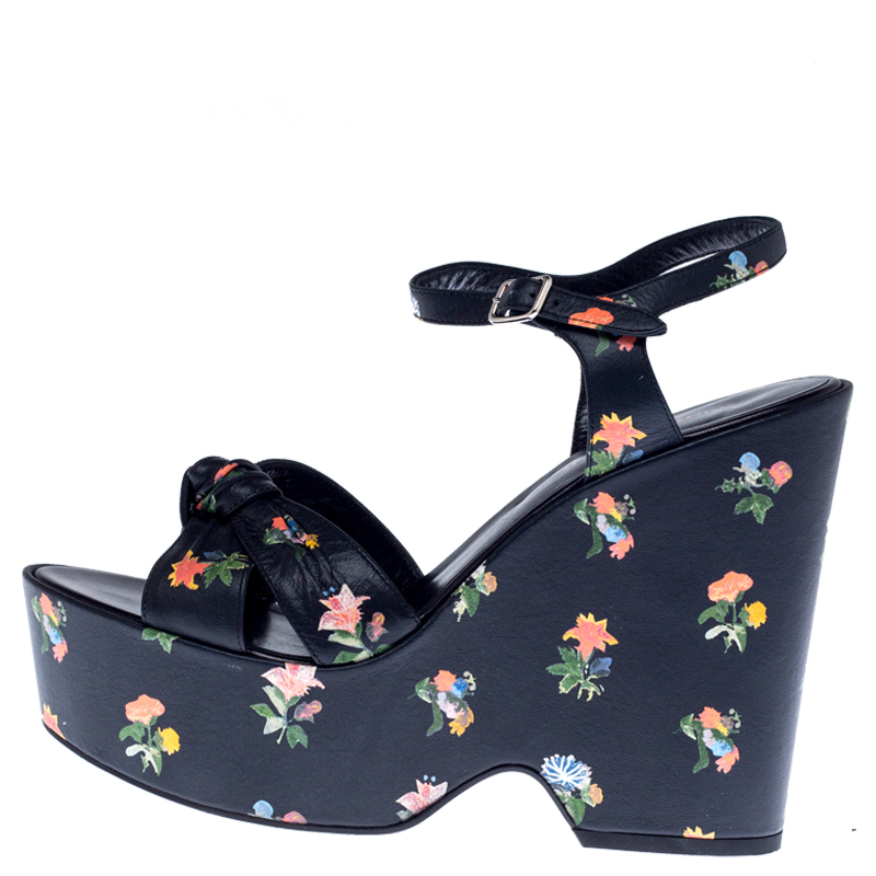 

Saint Laurent Black Floral Leather Betty Wedge Platform Ankle Strap Sandals Size