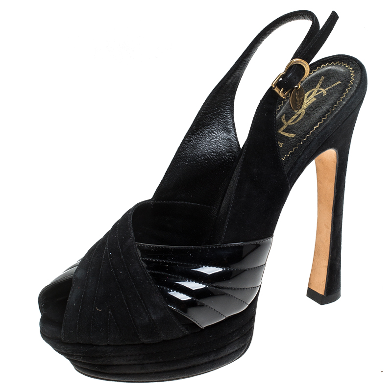 

Saint Laurent Paris Black Criss Cross Suede and Patent Leather Slingback Platform Sandals Size