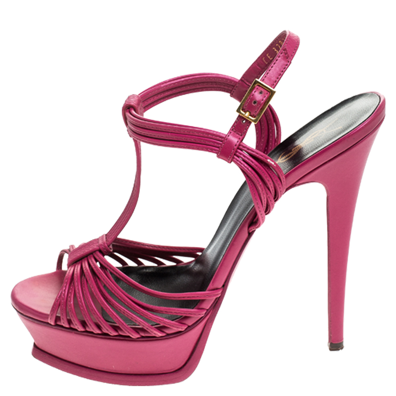 

Saint Laurent Paris Magenta Cord Leather T-Strap Platform Sandals Size, Pink
