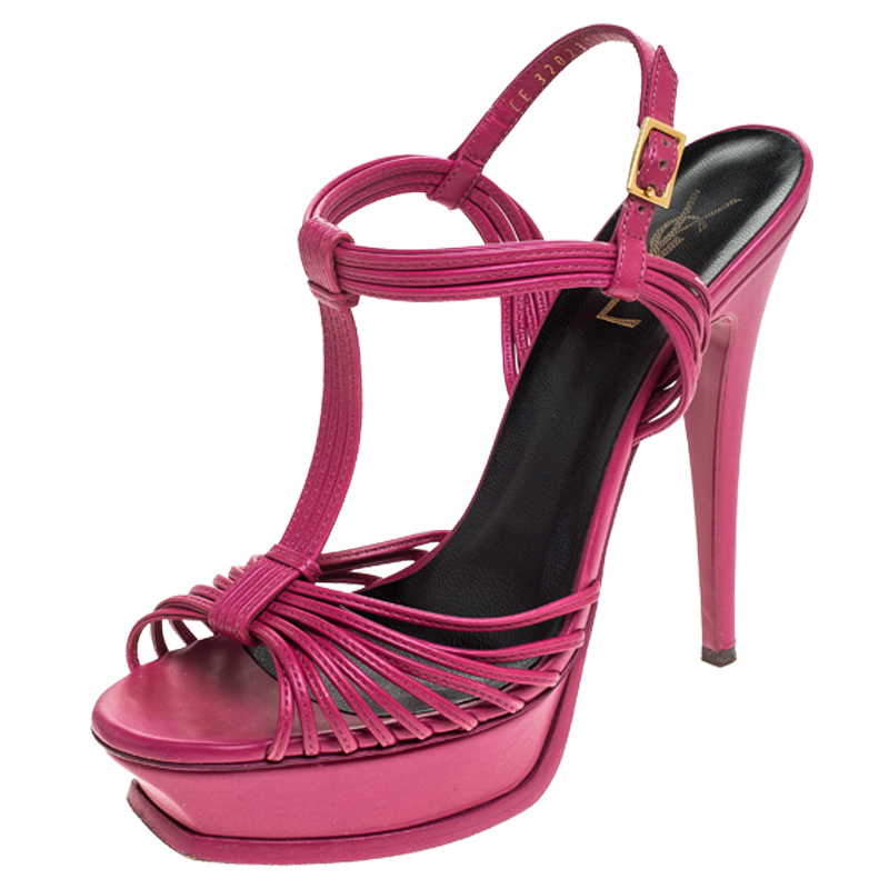 مملوكة مسبقًا Saint Laurent Paris Magenta Cord Leather T-Strap Platform Sandals Size 39.5