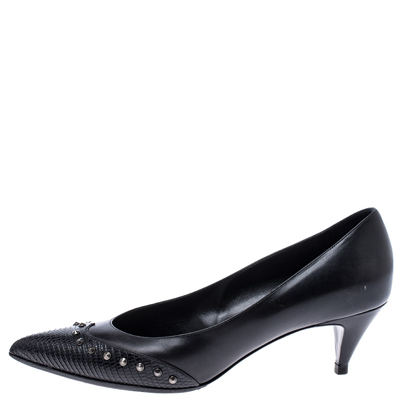 

Saint Laurent Paris Black Leather and Lizard Embossed Trim Studded Pointed Toe Pumps Size