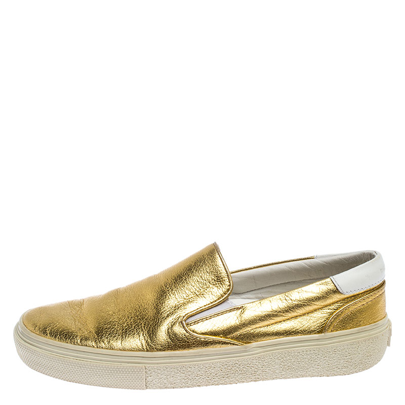 

Saint Laurent Metallic Gold Leather Slip On Loafers Size