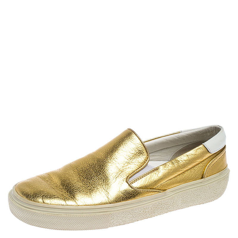  Saint Laurent Metallic Gold Leather Slip On Loafers Size 36