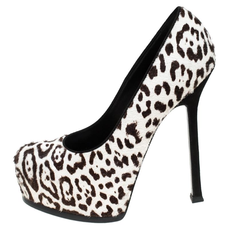 

Saint Laurent Paris White Leopard Print Calf Hair Tribtoo Platform Pumps Size