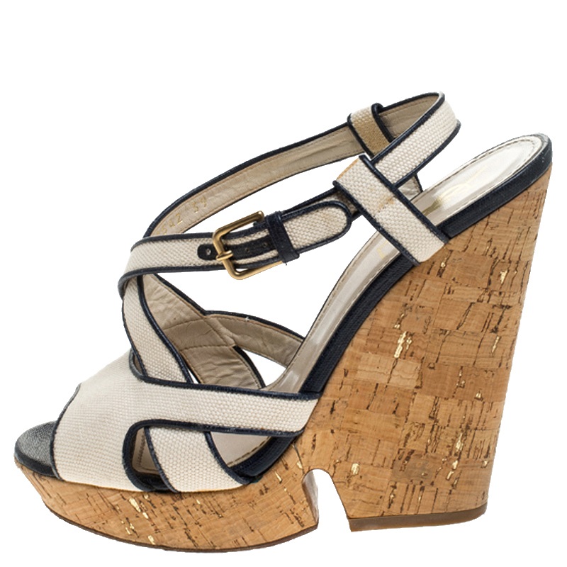 

Yves Saint Laurent White/Blue Canvas Deauville Cork Wedge Slingback Sandals Size