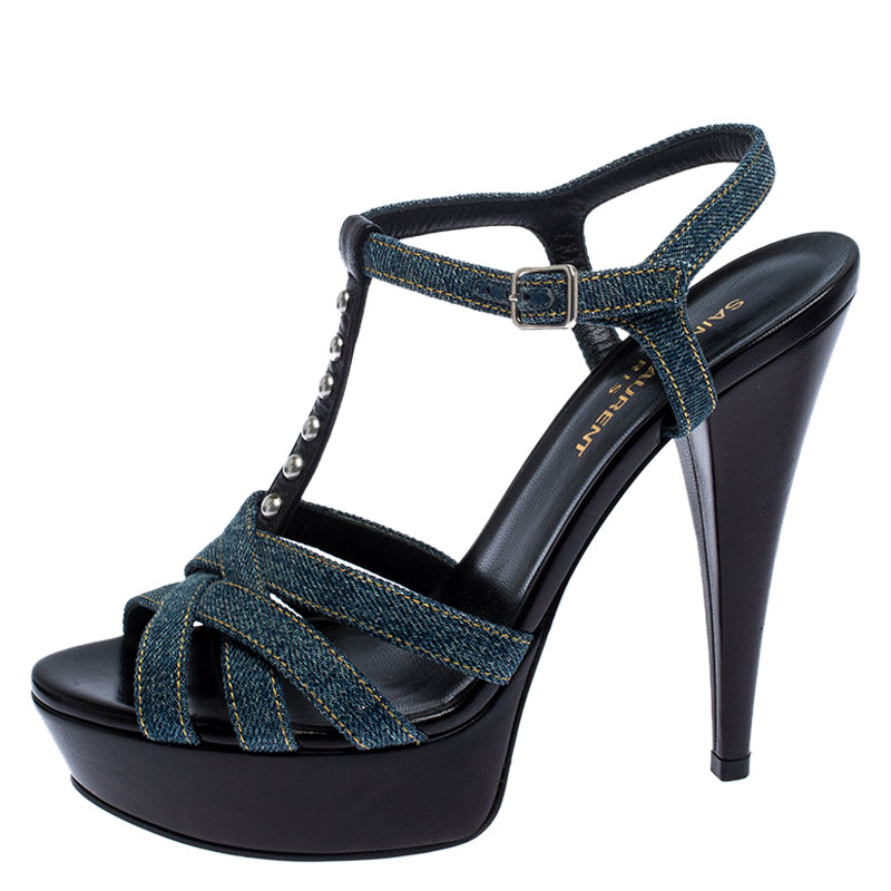 

Saint Laurent Paris Blue Denim Tribute Platform Sandals Size