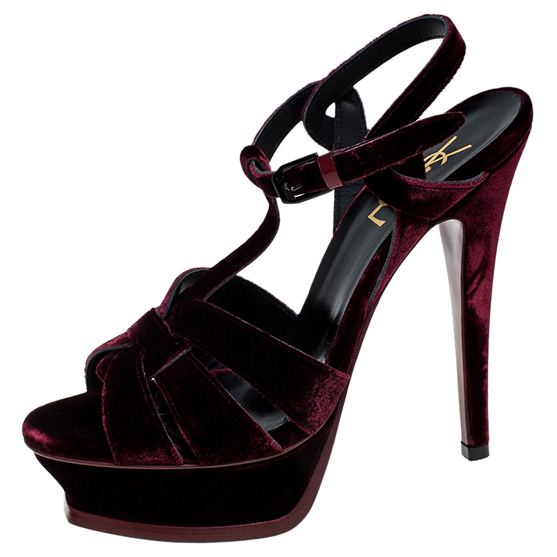 

Saint Laurent Paris Dark Red Velvet Tribute Platform Sandals Size