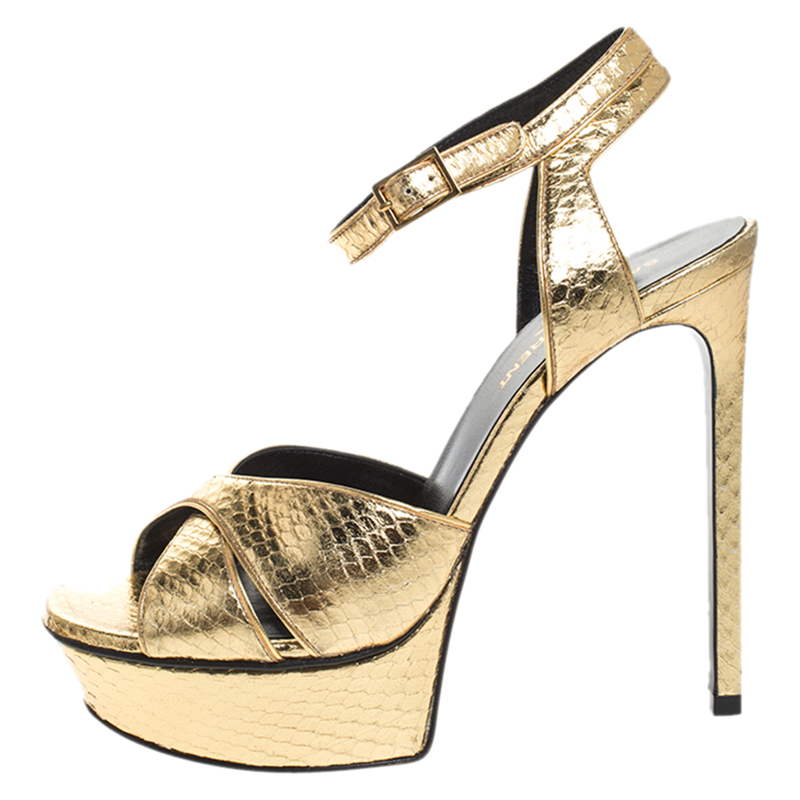 

Saint Laurent Paris Gold Python Embossed Leather Bianca Platform Sandals Size, Metallic