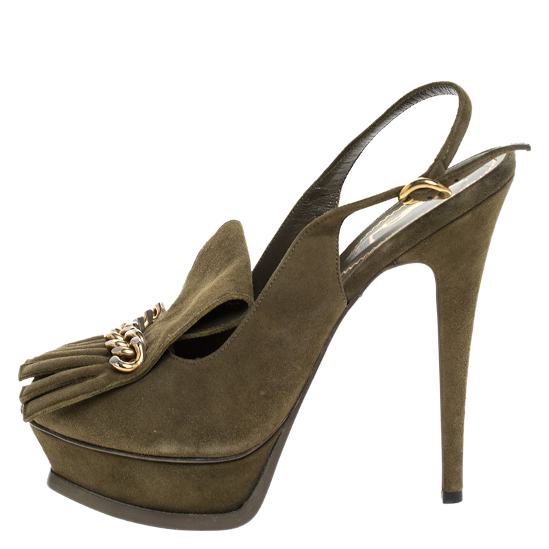 

Saint Laurent Paris Olive Green Suede Tribute Fringe Slingback Sandals Size