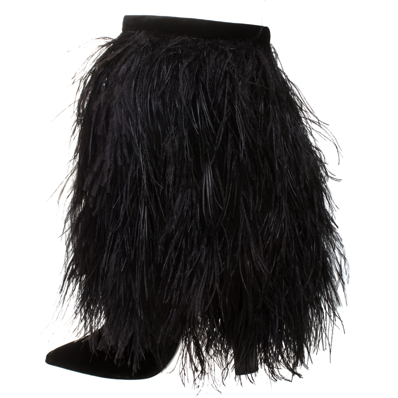 

Saint Laurent Paris Black Velvet And Ostrich Feather Mid Calf Boots Size