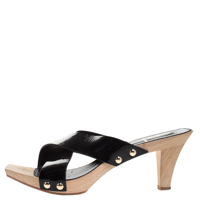 

Saint Laurent Black Patent Leather Studded Cross Strap Platform Sandals Size