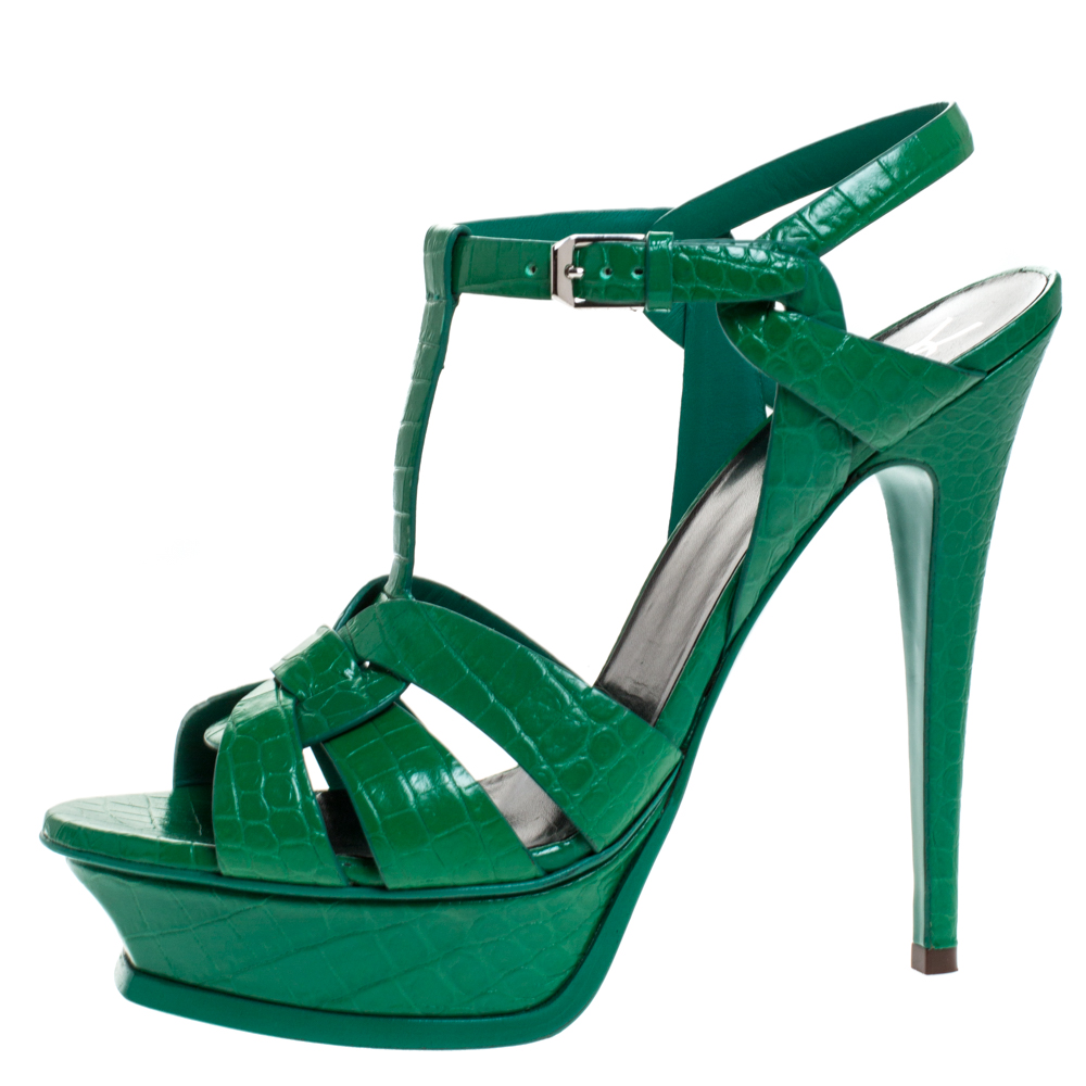 

Saint Laurent Paris Green Croc Embossed Leather Tribute Platform Ankle Strap Sandals Size