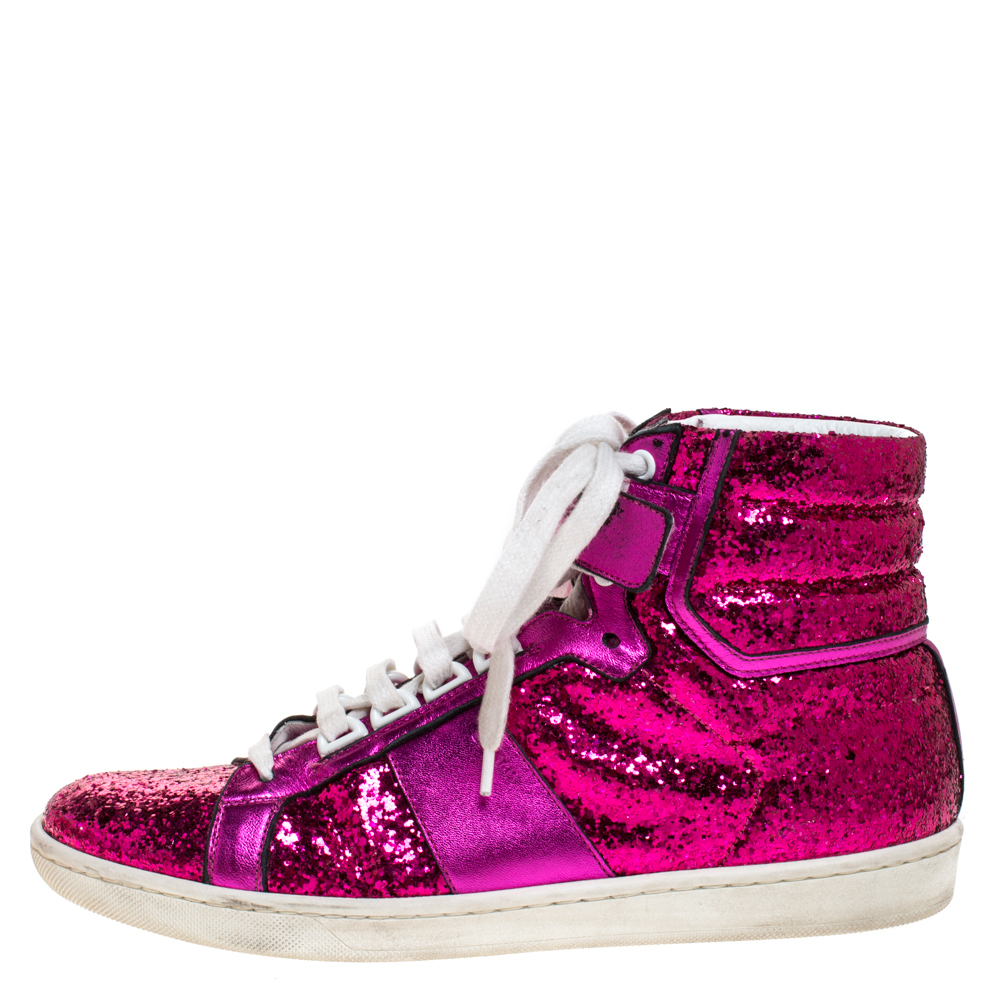 

Saint Laurent Paris Pink Glitter And Leather High Top Sneakers Size