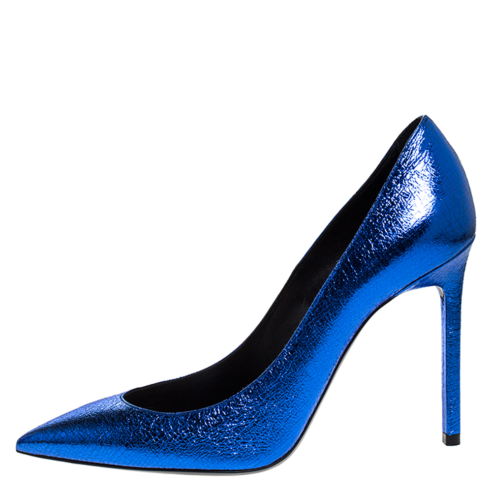

Saint Laurent Paris Blue Foil Leather Pointed Toe Pumps Size