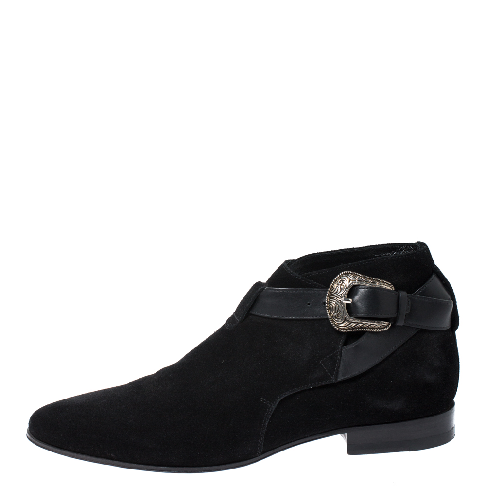 

Saint Laurent Paris Black Suede Engraved Buckle Ankle Boots Size