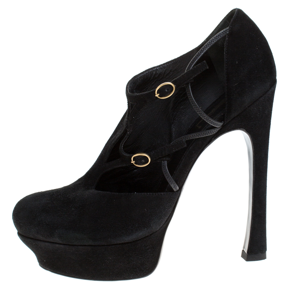 

Saint Laurent Paris Black Suede Round Toe Platform Pumps Size