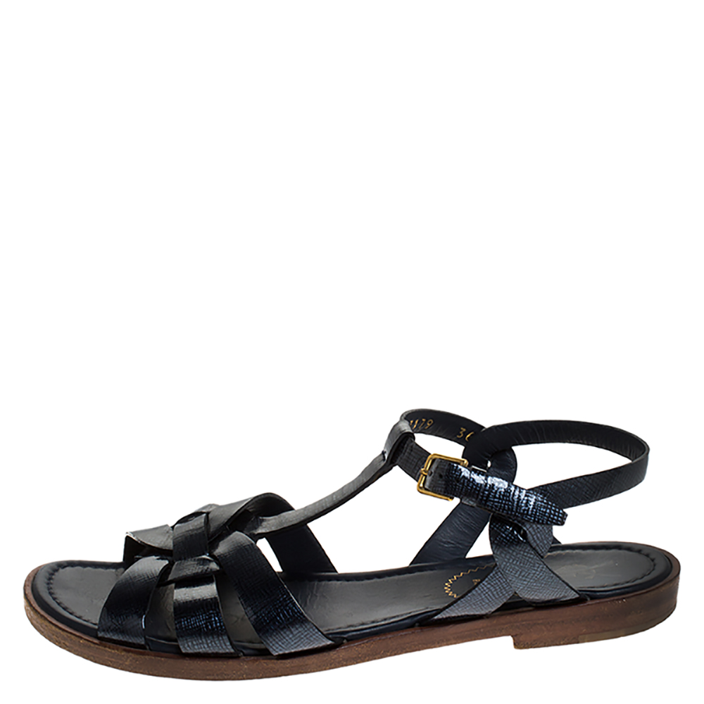 

Saint Laurent Paris Navy Blue Patent Leather Tribute Ankle Strap Flat Sandals Size