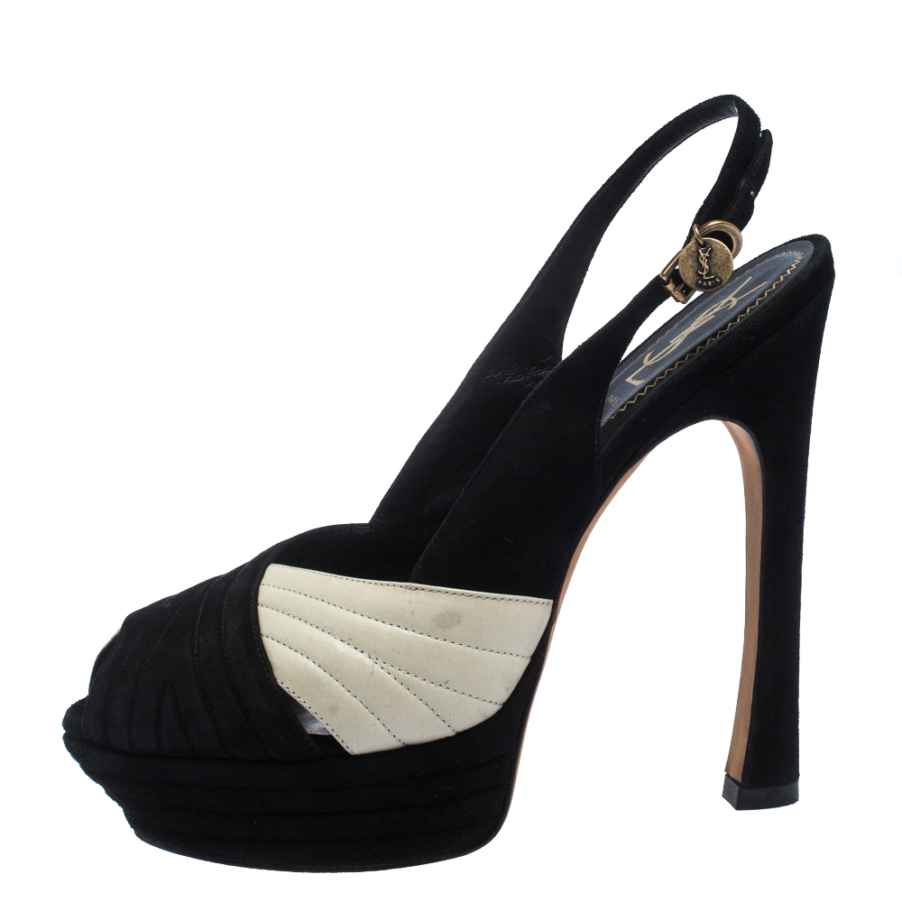 

Saint Laurent Black/Cream Suede and Leather Criss Cross Platform Slingback Sandals Size