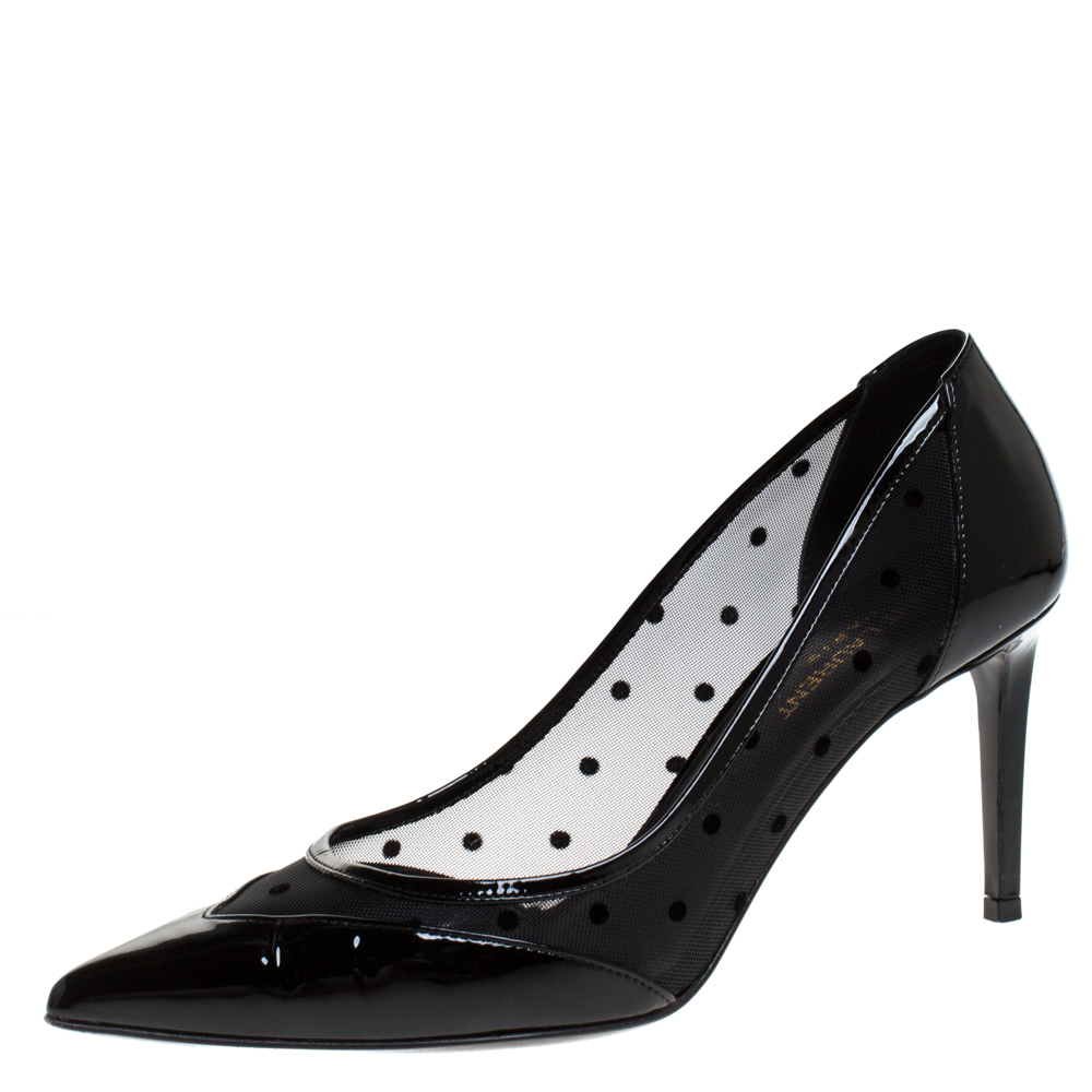 Pre Owned حذاء كعب عالي سان لوران باريس مقدمة مدببة شبك وجلد لامع أسود مقاس 38