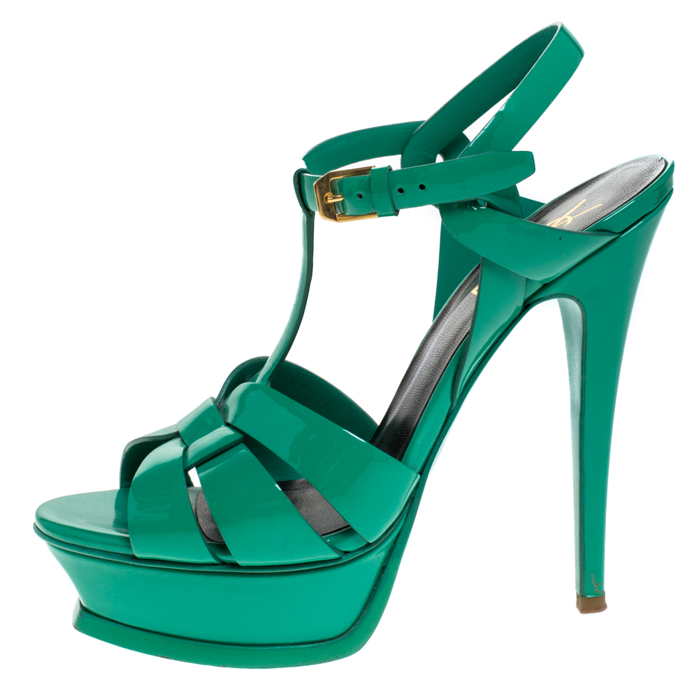 

Saint Laurent Paris Green Patent Leather Tribute Platform Sandals Size