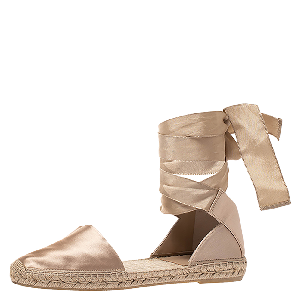 

Saint Laurent Champagne Satin Lace Tie Up Espadrille Flat Size, Beige