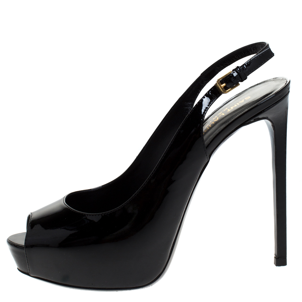 

Saint Laurent Black Patent Leather Peep Toe Platform Slingback Sandals Size