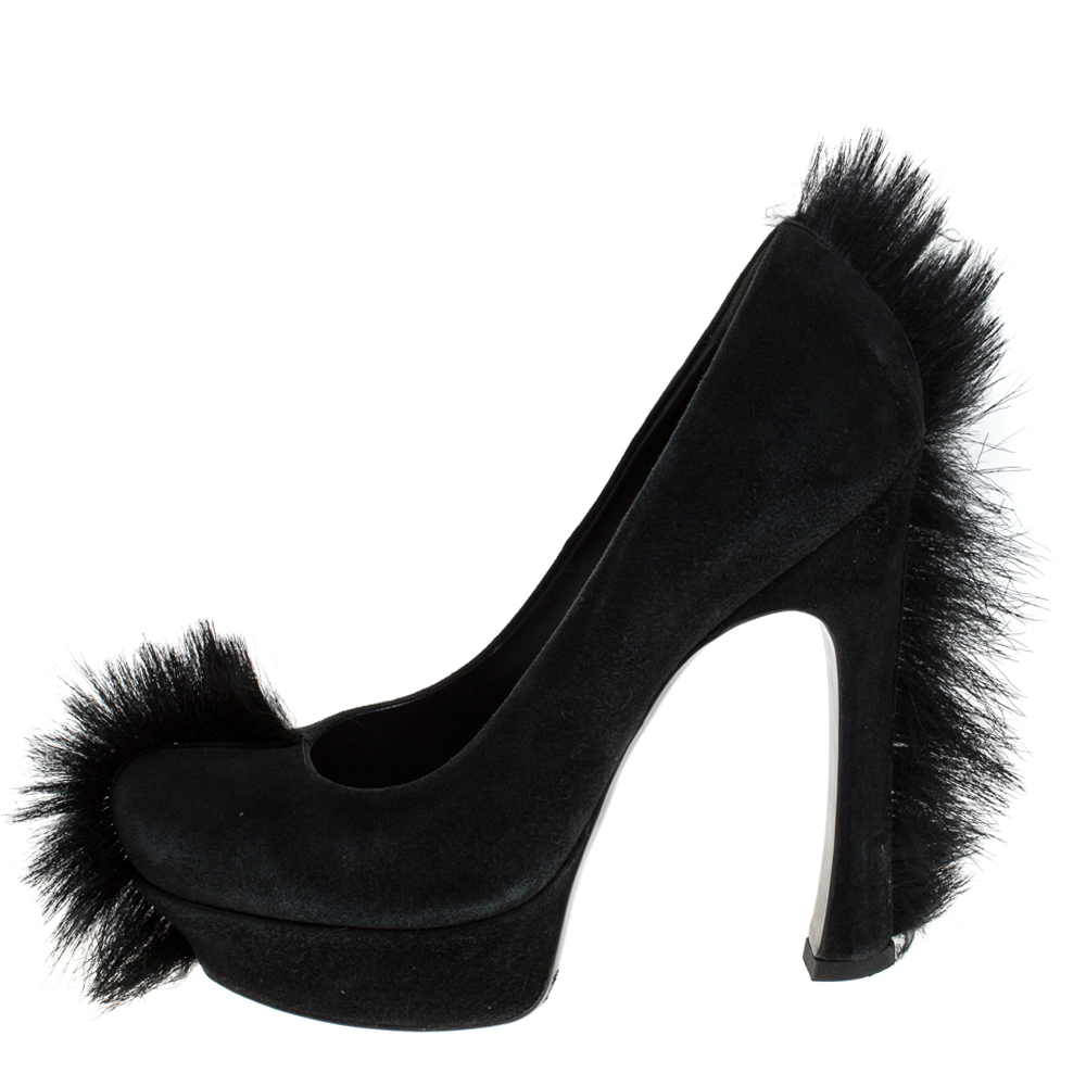 

Saint Laurent Paris Black Suede Fur Trim Palais Mohawk Suede Pumps Size