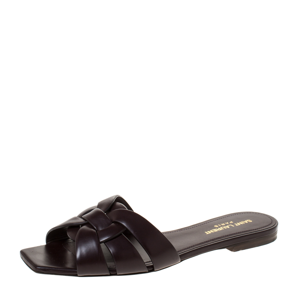 Pre Owned Saint Laurent Paris Brown Leather Tribute Flat Slides Size 38.5