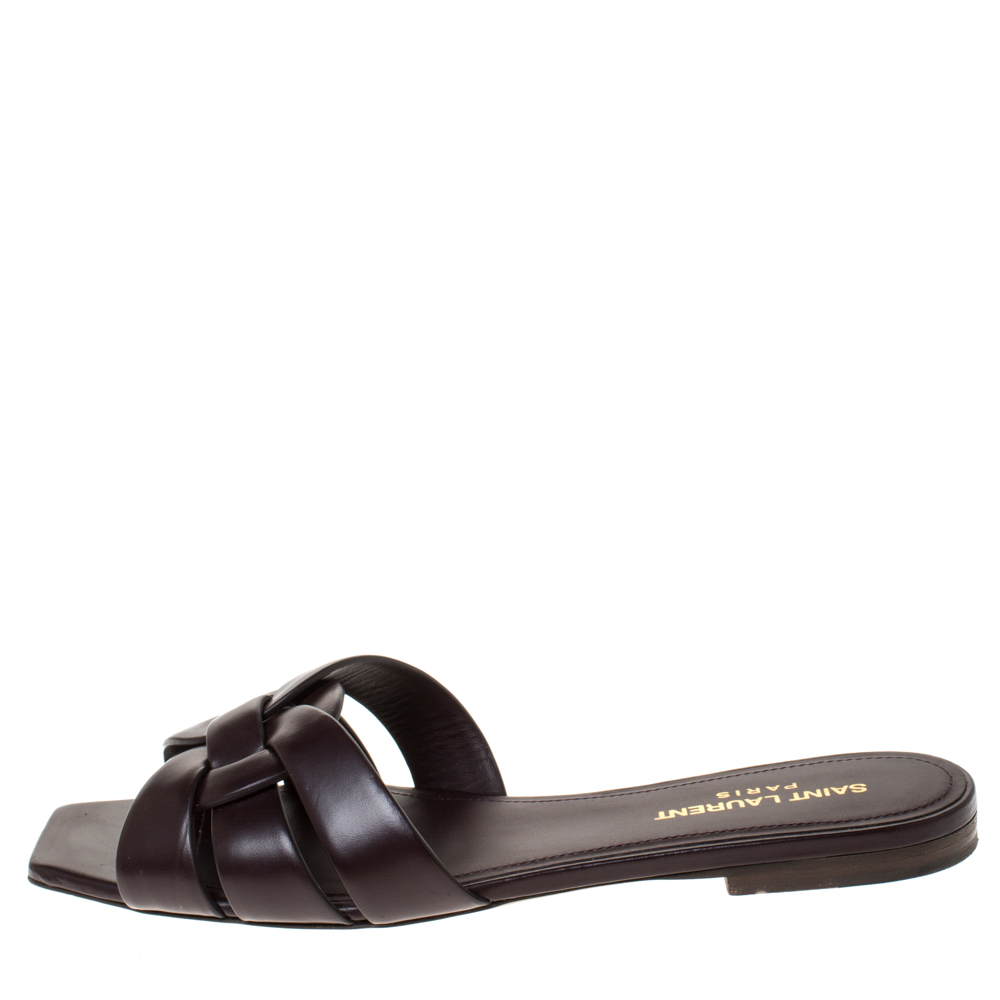 

Saint Laurent Paris Brown Leather Tribute Flat Slides Size
