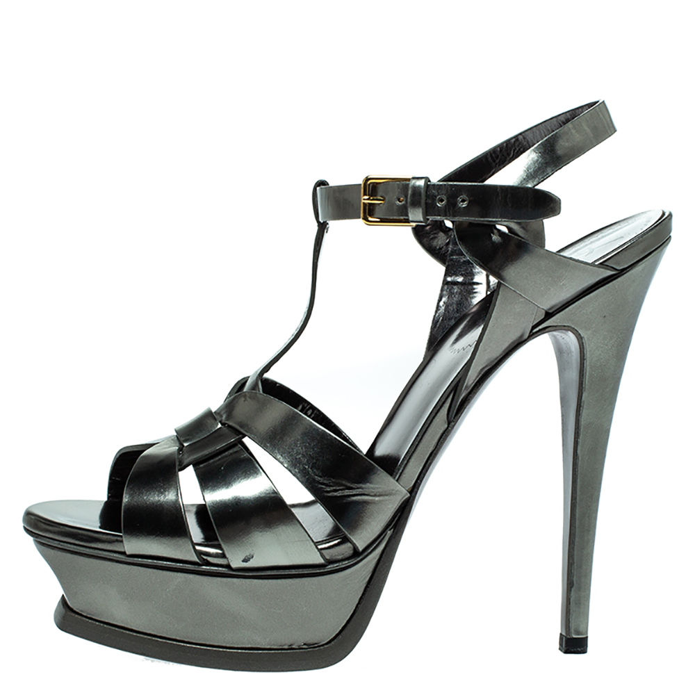 

Saint Laurent Paris Metallic Patent Leather Tribute Platform Sandals Size