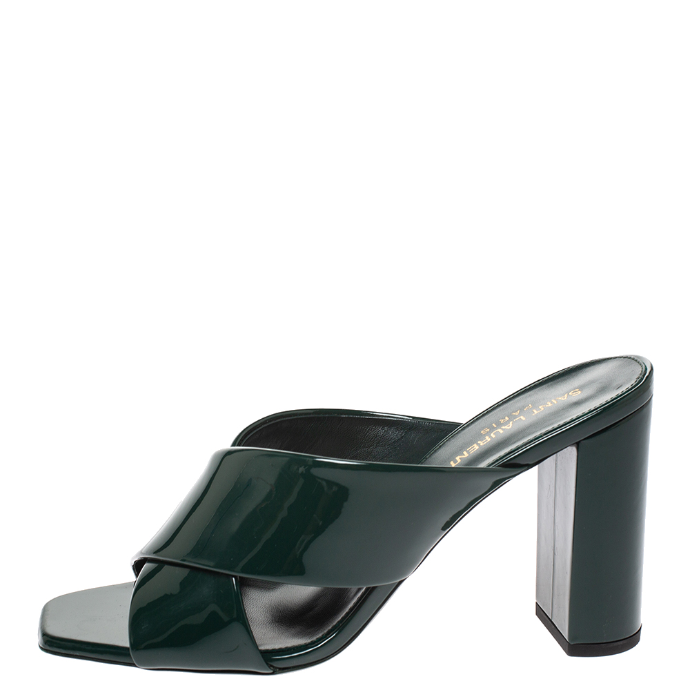 

Saint Laurent Paris Green Patent Leather Loulou Criss Cross Mules Size