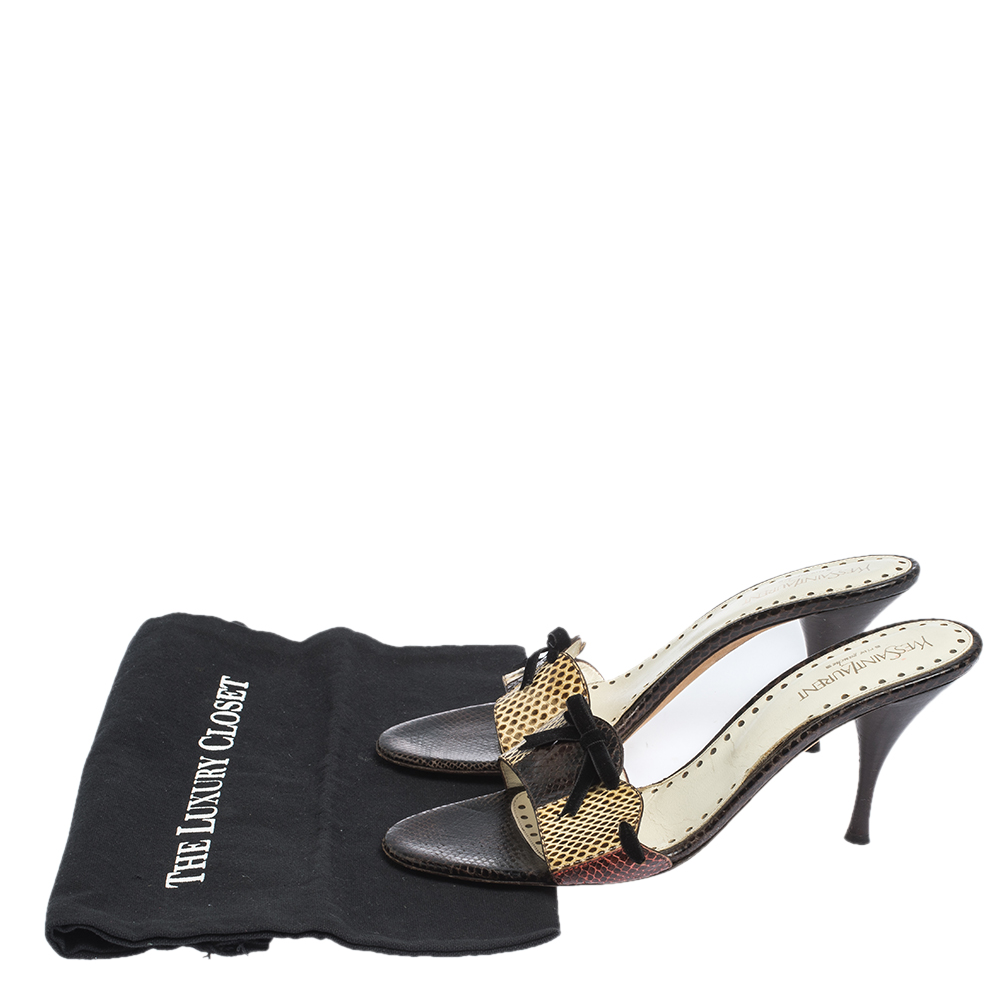 Saint Laurent Multicolor Snakeskin Bow Slide Sandals Size 40.5 