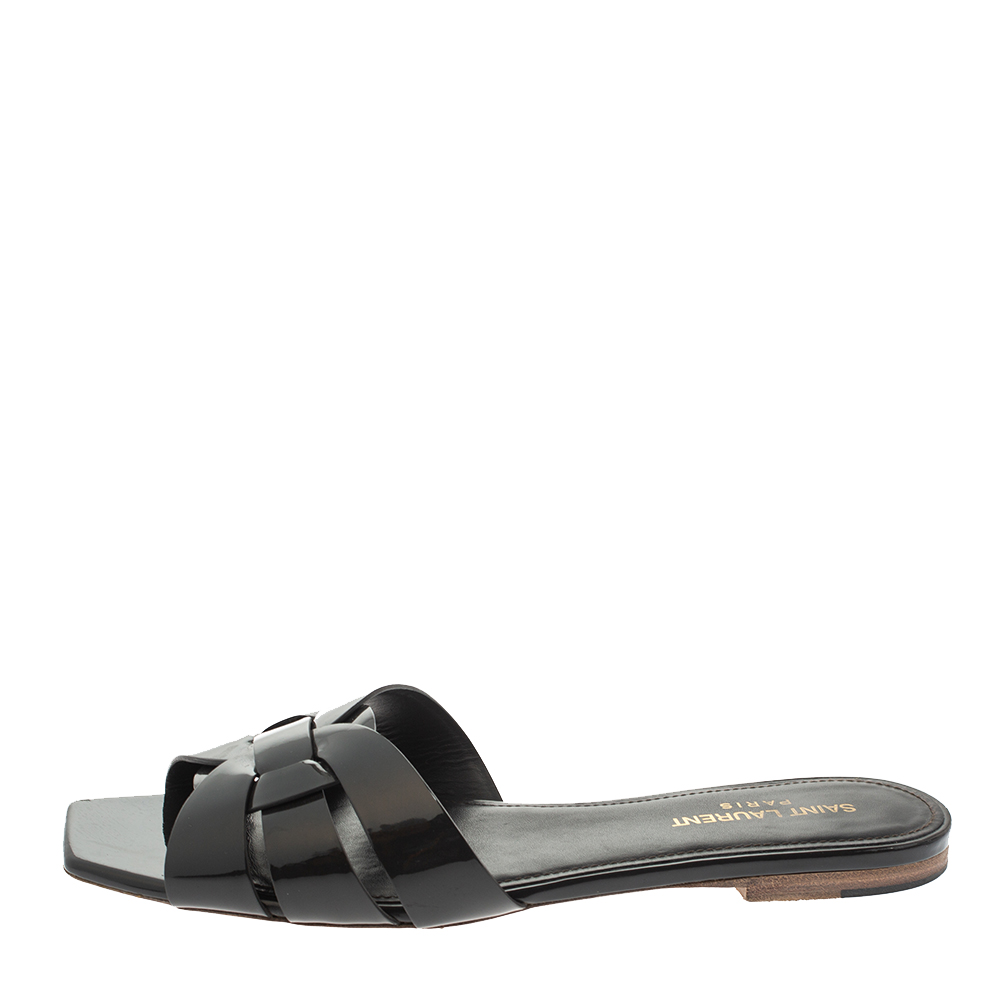 

Saint Laurent Paris Dark Grey Patent Leather Tribute Flat Slides Size