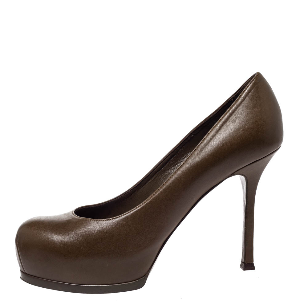 

Saint Laurent Paris Brown Leather Tribtoo Platform Pumps Size