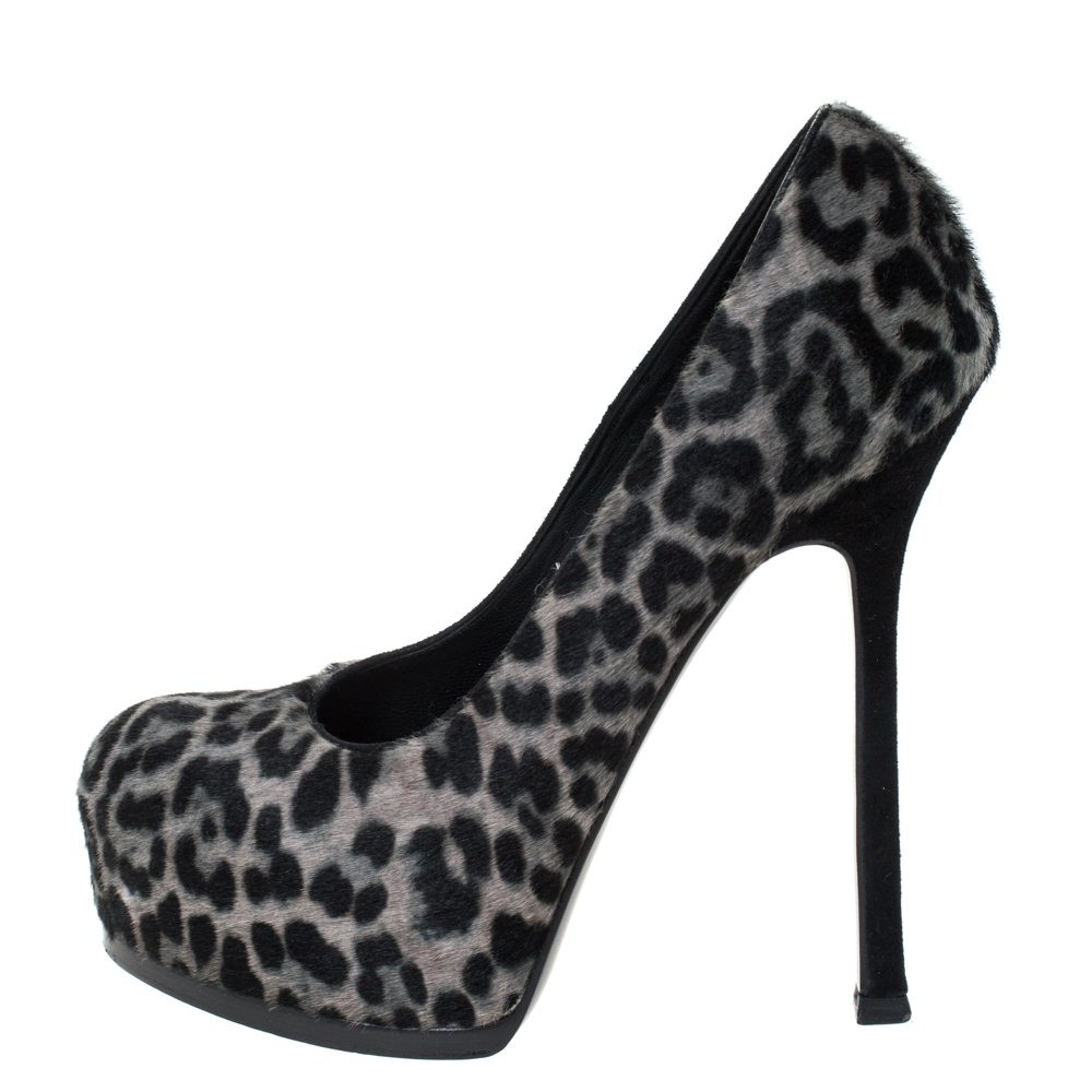 

Saint Laurent Paris Black Leopard Print Pony Hair And Suede Leather Tribtoo Platform Pumps