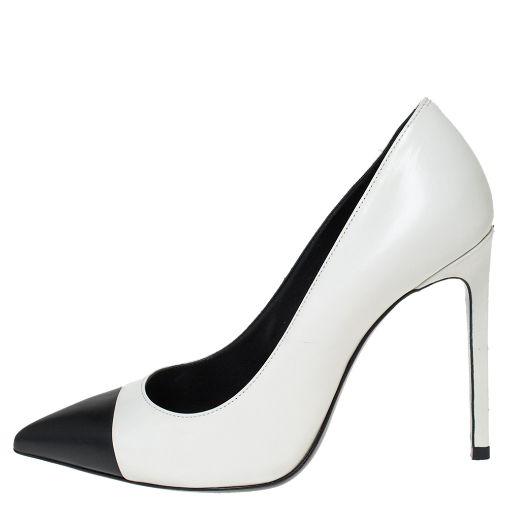 

Saint Laurent Paris Two Tone Leather Cap Toe Pointed Pumps Size, White