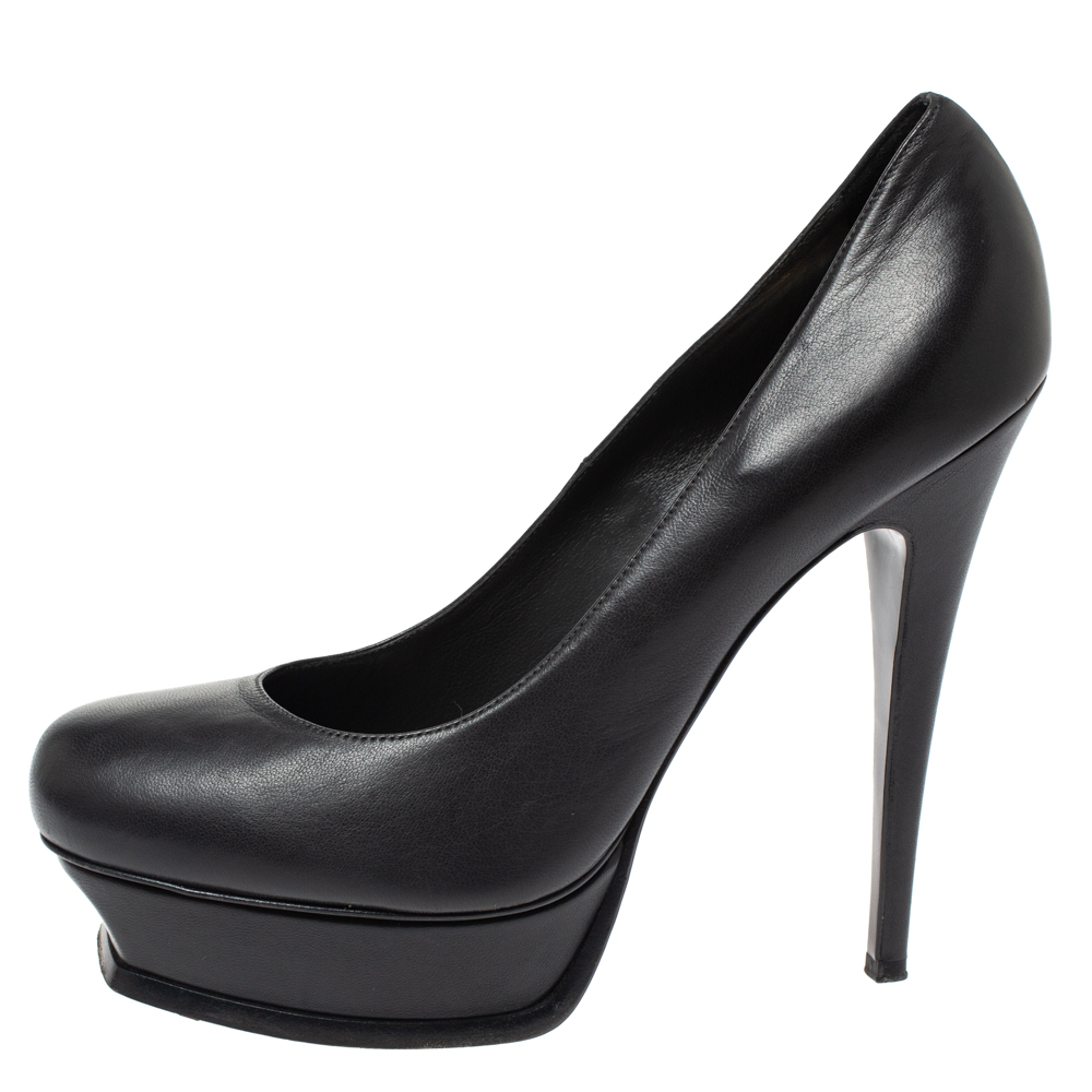 

Saint Laurent Paris Medium Grey Leather Tribute Platform Pumps Size